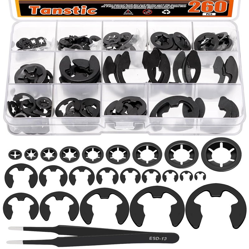 Tanstic 260Pcs Internal Tooth Star Lock Washers and E-Clip Push On Locking Washers Quick Speed Locking Washers External Retaining Ring with Tweezers for Machinery Equipment, Bearings, Shafts - Image 1